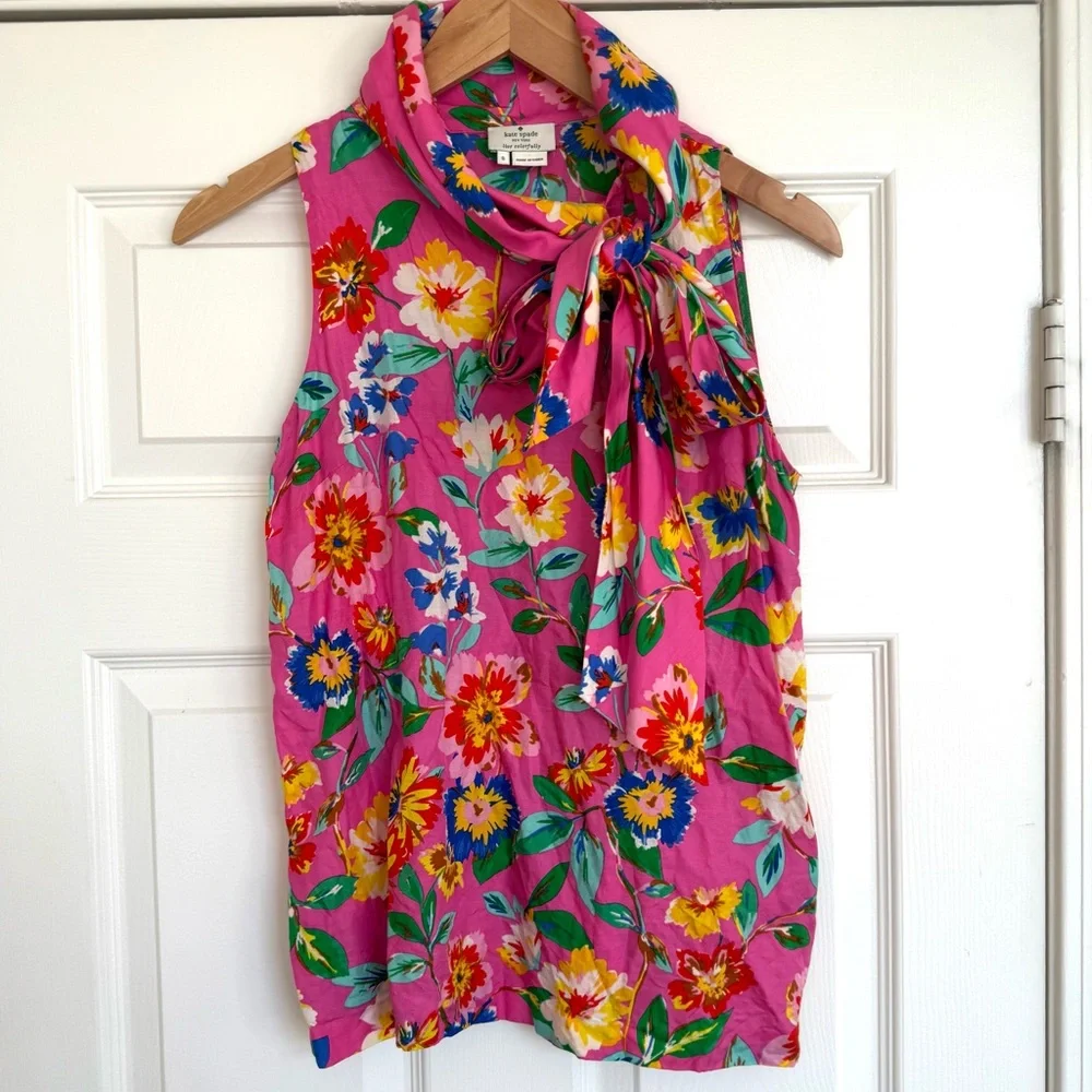 Kate Spade Live Colorfully Floral Pink Sleeveless Top Blouse With Tie Small S - Picture 2 of 5